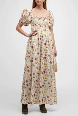 EDDY Tuckernuck Aurora Lurex Puff Sleeve Smocked Empire Maxi Dress Floral Gold S